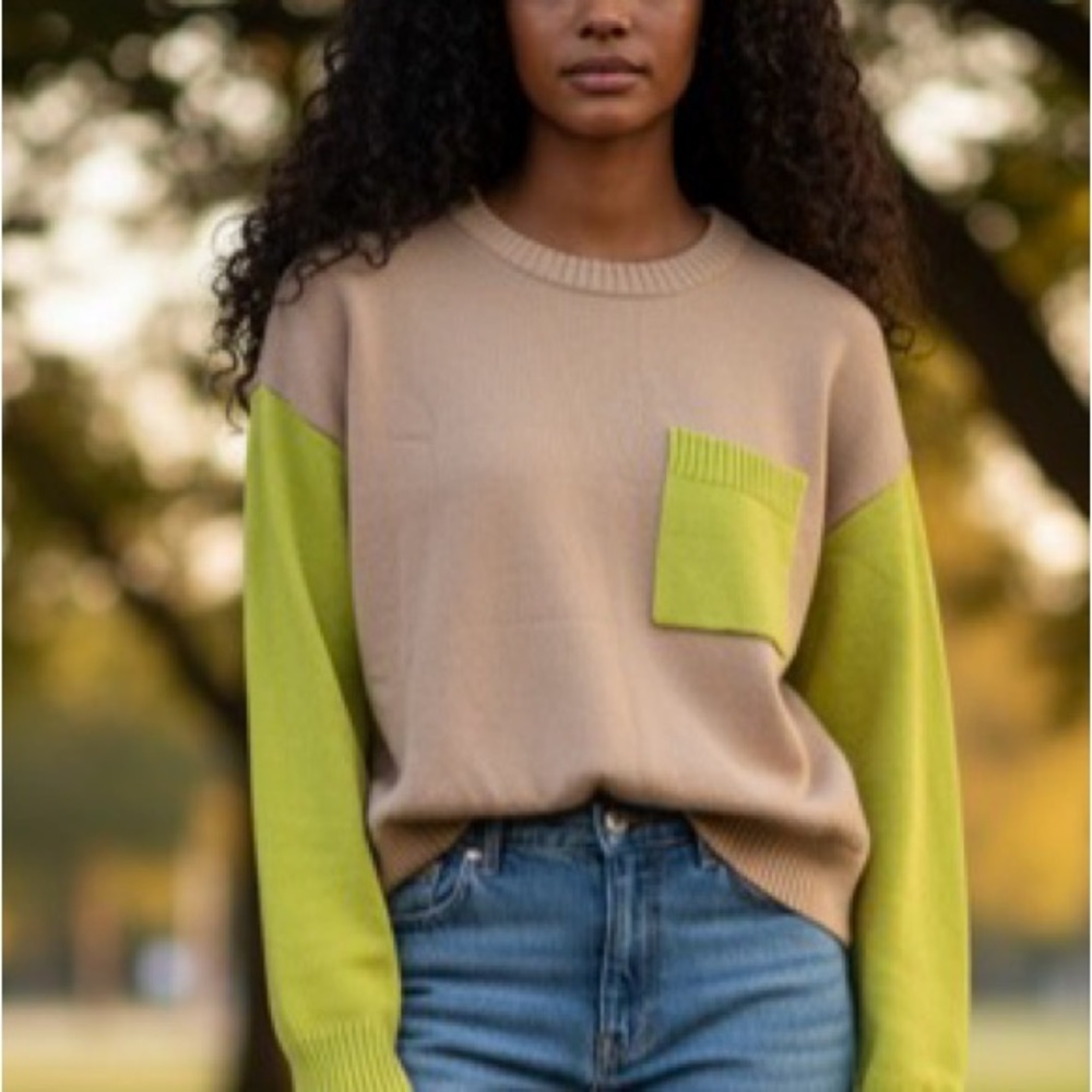 Anthropologie Dolan Colorblock Crewneck Sweater neutral/tan & limegreen size XXS